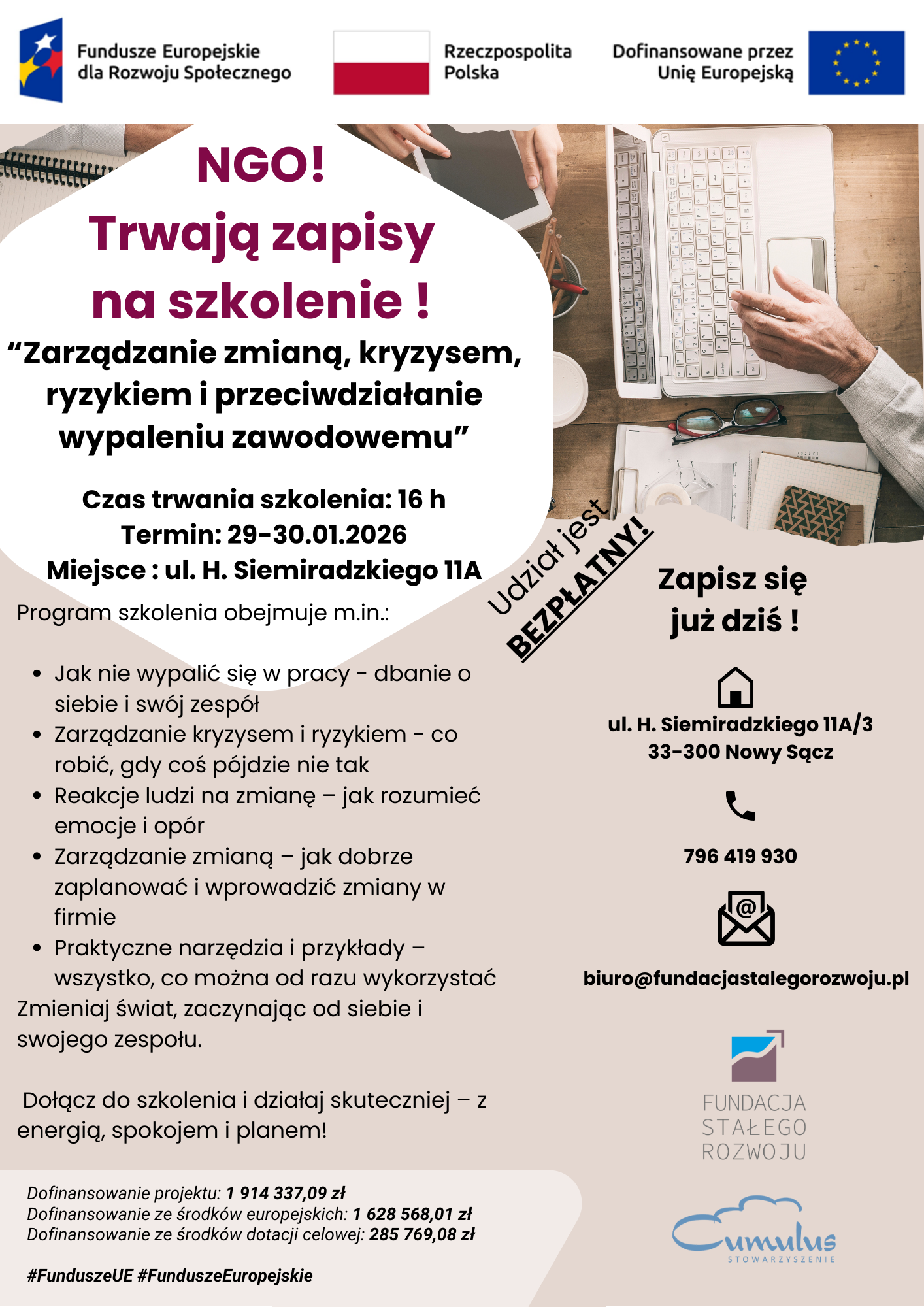 SZKOLENIE DLA ORGANIZACJI POZARZĄDOWYCH Zarządzanie zmianą, kryzysem, ryzykiem i przeciwdziałanie wypaleniu zawodowemu