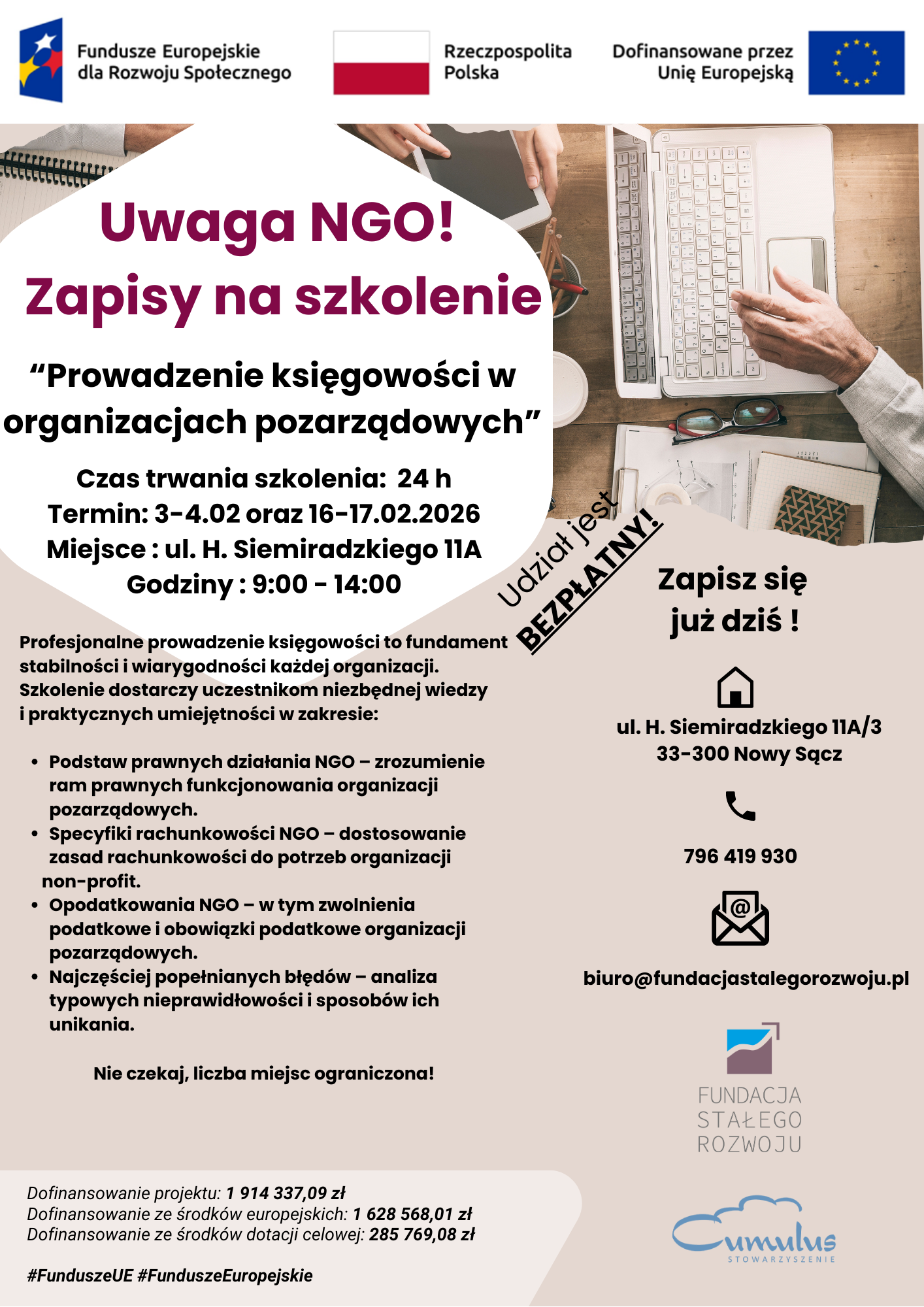 SZKOLENIE DLA ORGANIZACJI POZARZĄDOWYCH Prowadzenie księgowości w organizacjach pozarządowych