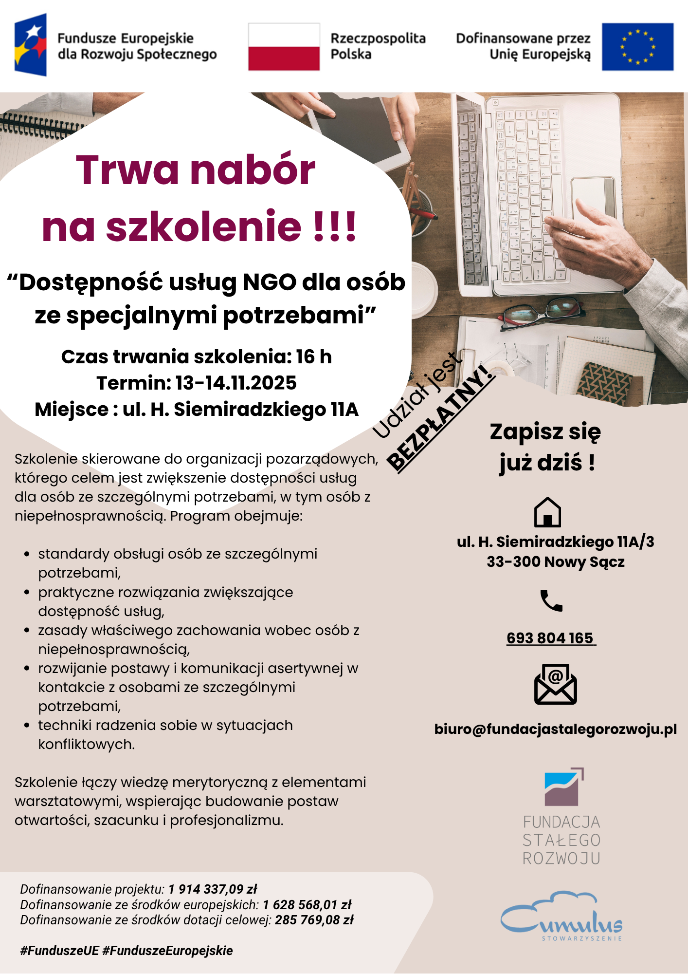 SZKOLENIE DLA ORGANIZACJI POZARZĄDOWYCH Dostępność usług NGO dla osób ze specjalnymi potrzebami